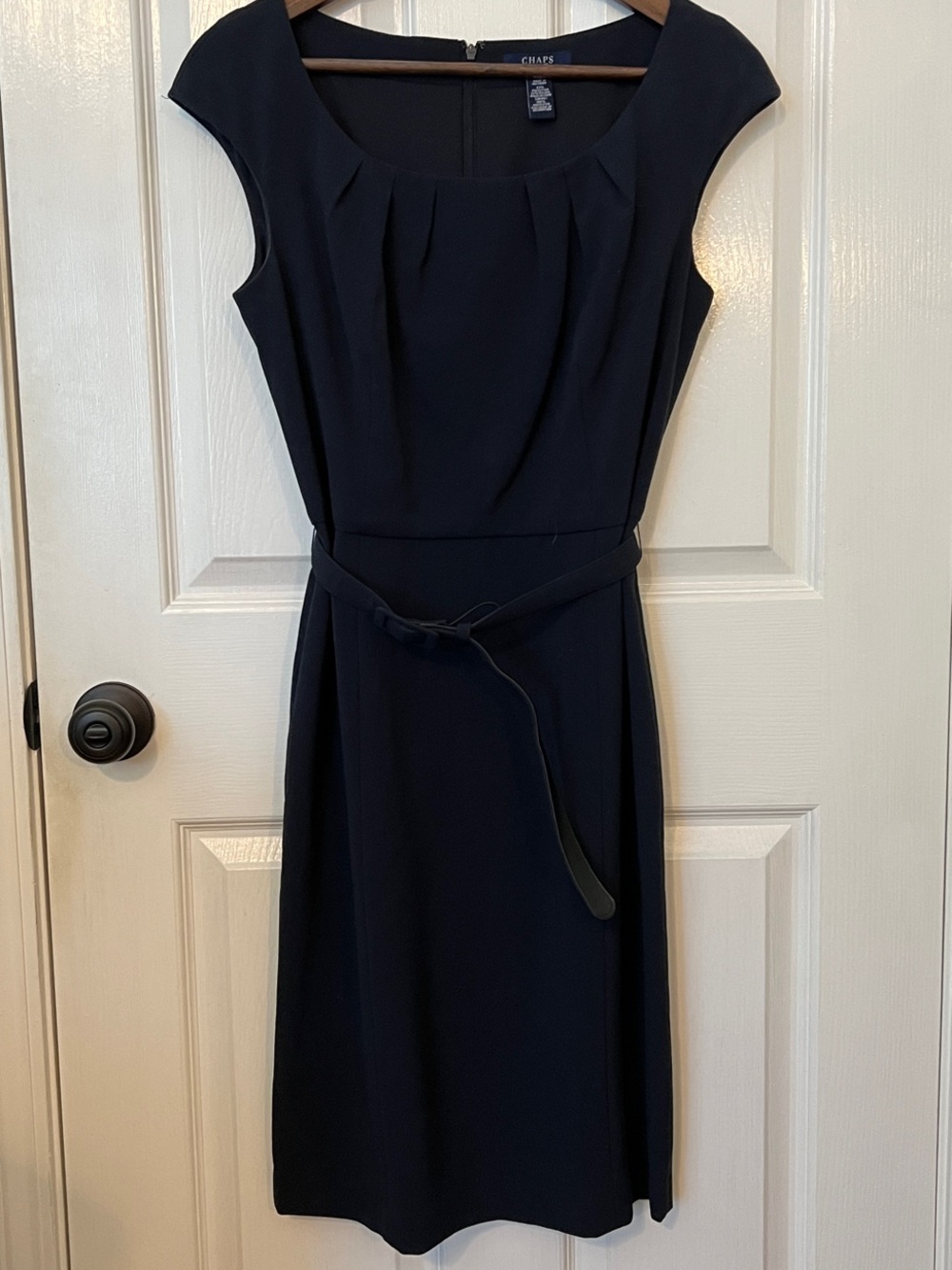 Chaps Navy Blue Cap-Sleeve Sheath Dress with Removable Belt